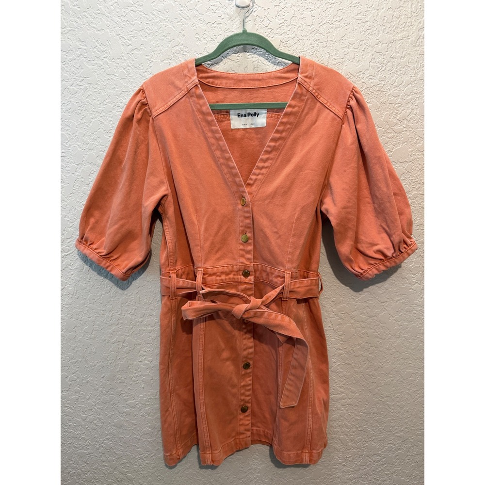 Ena Pelly Denim Mini Dress Size 8 Coral Orange Boho Sleeve Cowgirl Fall Western
